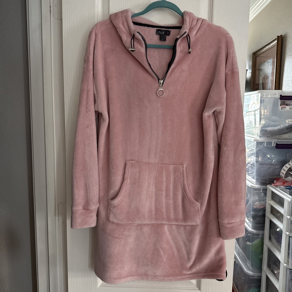 Love Hooded Fleece Dress Long Sleeves Large Pink Soft 5530